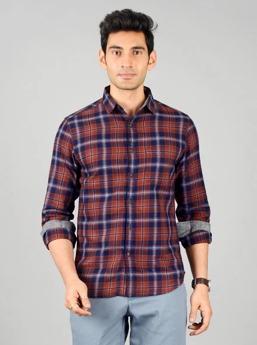 Brown & Blue Checked Slim Fit Casual Shirt | Greenfibre