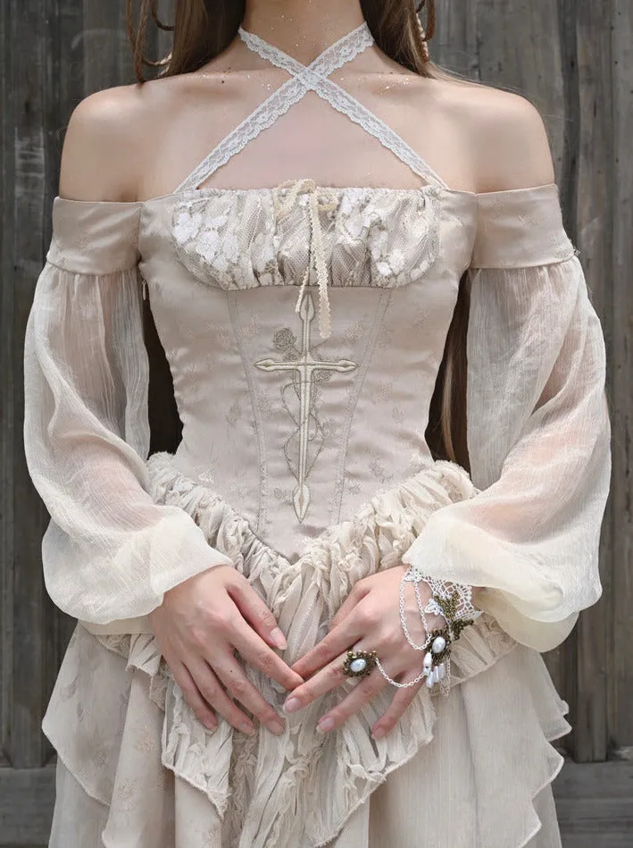 Embroidery Cross Lantern Gold Thread Dress Ballet Sleeve Broken Off-Shoulder
