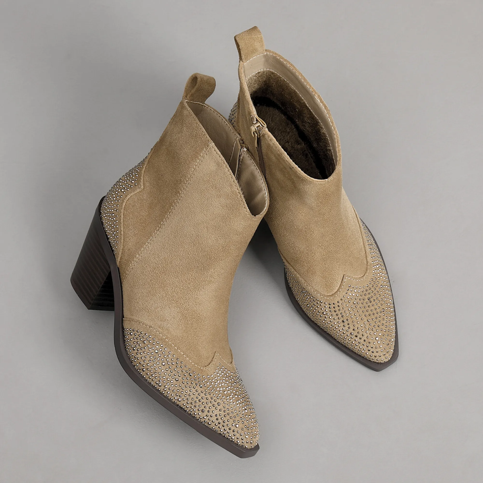 IVACHY Womens Suede Cowboy Boots Ankle Sparkling Diamonds 2376BOOTS KHAKI