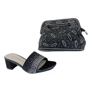 Taiyu Endless Love Midnight Rhinestone Strap Block Heels and Leaf Embellished Handbag